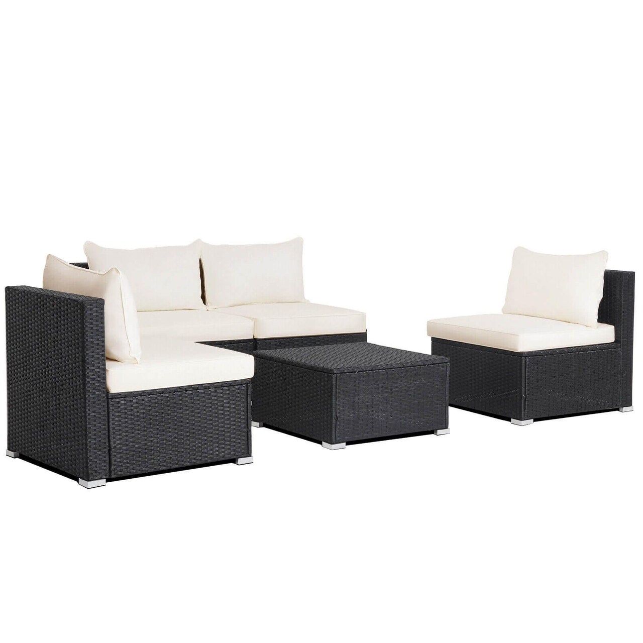 5-Piece Rattan Patio Conversation Set with Cushions Black and Off White